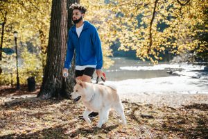 african american male walking with dog in park